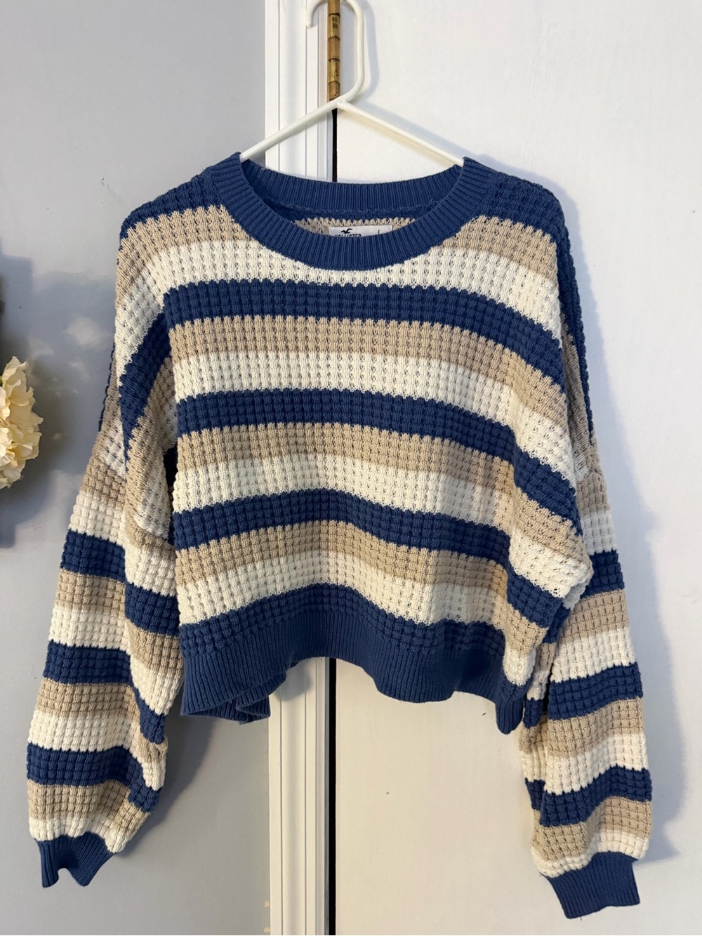 Hollister Striped Cropped Waffle Knit Sweater Cropped- Blue, Cream, Tan